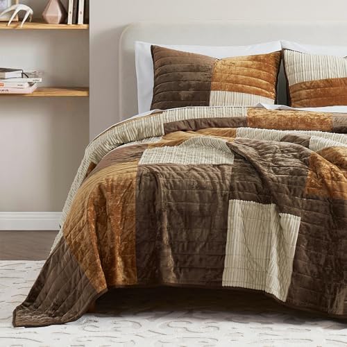 Wonderful 3-Piece Velvet Patchwork Quilt Set, Queen Striped Channel Stitch Brown Quilt,Pet-Friendly,Soft Lightweight Comforter Versatile as Quilt/Bedspread for Adults Teens Kids Bedroom,94"x94"