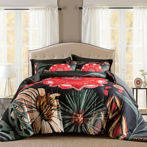 Tyrot Black Red Boho Floral Queen Comforter Set - 3 Piece Farmhouse Botanical Bedding Comforter Sets for All Season Soft Lightweight Mid Century Bed Set, (1 Reversible Comforter and 2 Pillow Shams
