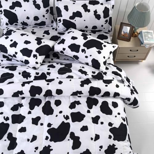 SDY 7 PCS Cow Comforter Set Twin Size, Animal Print Sheet Set for All Season, Bed in a Bag with 1 Comforter, 1 Fitted Sheet, 1Flat Sheet, 2 Pillowcases and 2 Pillow Shams