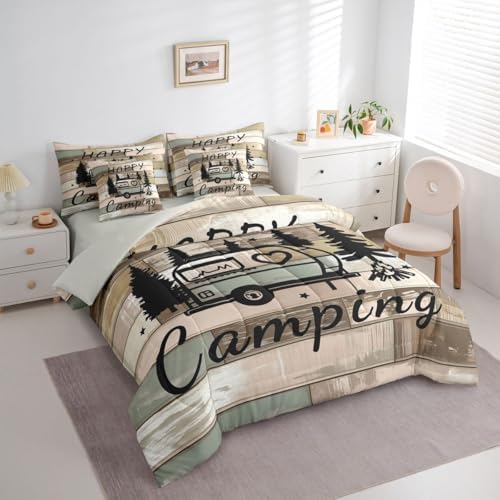 Erosebridal Camping 7 Pieces Bedding Set King Size,Wooden Plank Travel RV Bed in a Bag,Camping Lovers Bed Set Includes Comforter,Sheet Set,Pillowcases & Pillow Covers,Vintage Retro Bedroom Decor