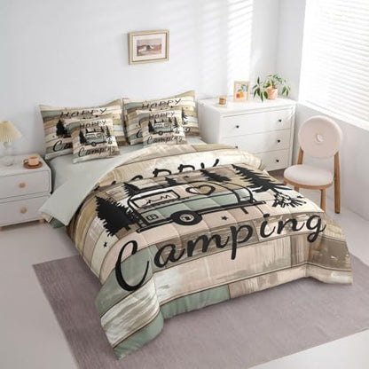 Erosebridal Camping 7 Pieces Bedding Set King Size,Wooden Plank Travel RV Bed in a Bag,Camping Lovers Bed Set Includes Comforter,Sheet Set,Pillowcases & Pillow Covers,Vintage Retro Bedroom Decor