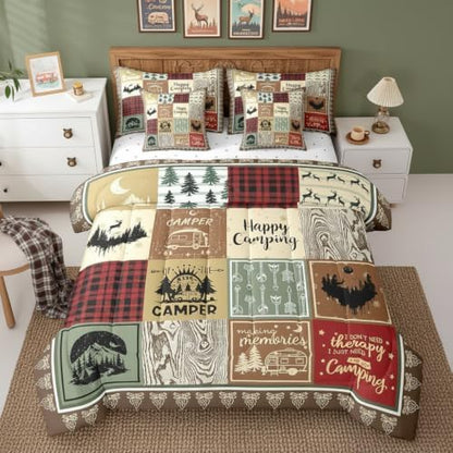Erosebridal 7 Piece Kids Camping King Comforter Set,Rustic Cabin Decor Rv Camper Bedding Set for Travel Trailers Accessories,Buffalo Plaid Bed Set with Sheets,Woodland Bed in a Bag with Pillowcases