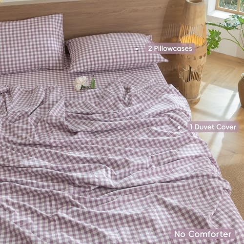 MooMee Gingham Duvet Cover Set 100% Washed Cotton Linen Like