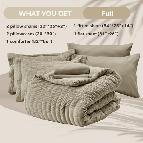 HYMOKEGE Linen Full Size Comforter Sets Seersucker 7 Pieces, All Season Luxury Bed in a Bag for Bedroom, Bedding Set with Comforter, Sheets, Pillowcases & Shams
