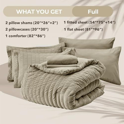 HYMOKEGE Linen Full Size Comforter Sets Seersucker 7 Pieces, All Season Luxury Bed in a Bag for Bedroom, Bedding Set with Comforter, Sheets, Pillowcases & Shams