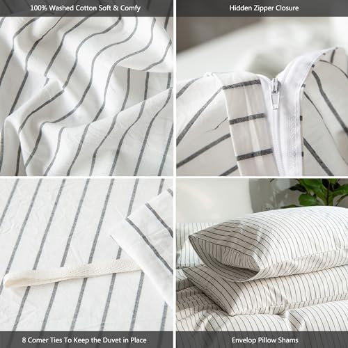 MooMee Striped Duvet Cover Set 100% Washed Cotton Linen Like Queen