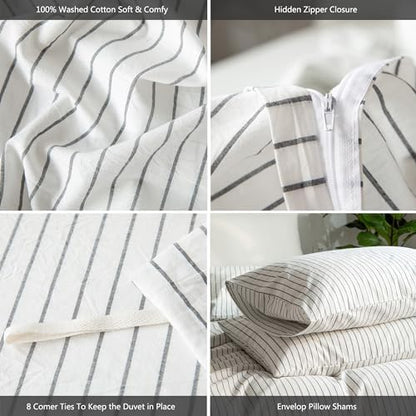 MooMee Striped Duvet Cover Set 100% Washed Cotton Linen Like Queen