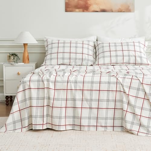 MEISHANG 100% French Pure Linen Sheets King Size - Bed Sheets 4 Piece Sets, Soft Durable Flax Linen, Anti-Tear Breathable Moisture Wicking with 16" Deep Pocket (Red Plaid)