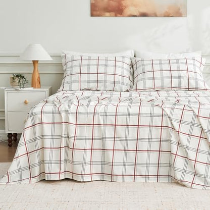 MEISHANG 100% French Pure Linen Sheets King Size - Bed Sheets 4 Piece Sets, Soft Durable Flax Linen, Anti-Tear Breathable Moisture Wicking with 16" Deep Pocket (Red Plaid)