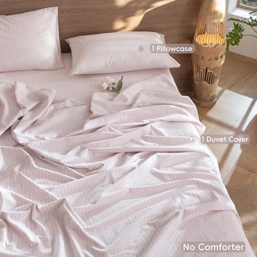 MooMee Striped Duvet Cover Set 100% Washed Cotton Linen Like Twin