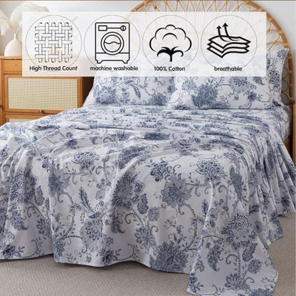 FADFAY Cal King Sheets Set Percale Cotton Floral Bed Sheets Deep Pocket Fitted Sheet, Luxury Blue Floral Pattern Classic European Style Bedding for All Season,Super Soft Crisp & Breathe,4Pcs