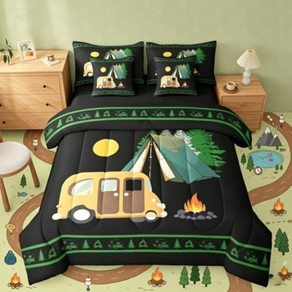 Erosebridal Camper Decor Teens Comforter Set with Sheets Happy Camping 7 Piece Bedding Set Rustic Farmhouse Bed in A Bag Full Size Bonfire Rv Travel Trailer Bed Sets for Kids Boys Adult, Black Green