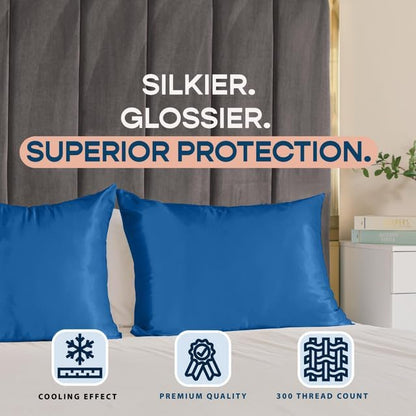 BLISSFORD Royal Blue Satin Pillowcase with Zipper, for Hair and Skin Care, Feels Soft and Cool Like a Silk Pillowcase, Satin Pillow Cases 2 Pack, Slik Pillow Cover, King Size - Set of 2