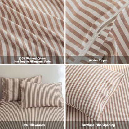 FOSSA Striped Duvet Cover Set 100% Washed Cotton Linen Feel Twin