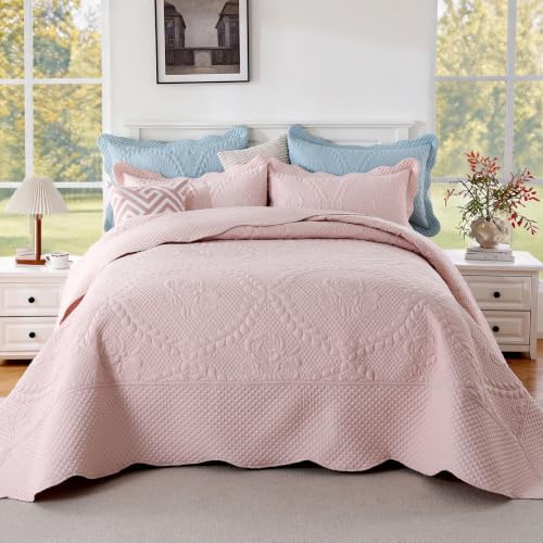 EVENHUG Oversized King Bedspreads California King Quilt Set with Pillow Shams Extra Wide Large King Size Quilts Lightweight Coverlet Bedding Sets Pink 120"x120"