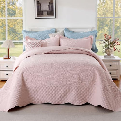 EVENHUG Oversized King Bedspreads California King Quilt Set with Pillow Shams Extra Wide Large King Size Quilts Lightweight Coverlet Bedding Sets Pink 120"x120"