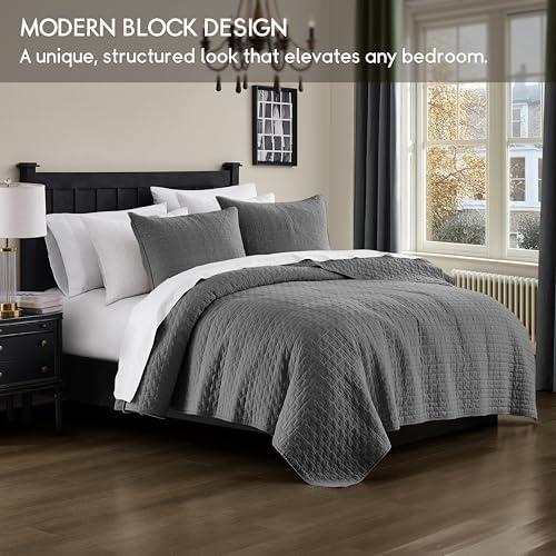 palassio Dark Grey 100% Cotton Quilt King Size Bedding Sets with 2 Pillow Shams, Textured Lightweight Soft Bedspread Shabby Chic Coverlet, Quilted Comforter Bed Cover for All Season, 3 Pieces