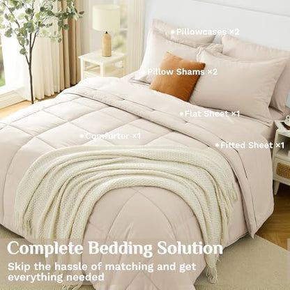 JOLLYVOGUE Queen Comforter Set, Ultra-Soft Bed in a Bag Queen Size 7 Pieces, Oeko-TEX Certified Bedding Set with Down Alternative Comforter, Sheets, Pillowcases & Shams, Beige