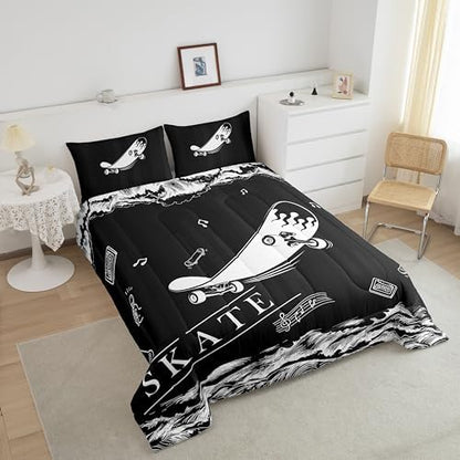 Erosebridal Boys Skateboard Bedding Full Hippie Skate Comforter Set for Kids Boys Girls, Black White Down Comforter Sport Bedding Comforter Sets, Modern Abstract Lines Duvet Insert (Reversible Black)
