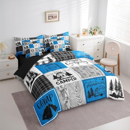 Erosebridal Blue Rv Bedding Set Full Rustic Camper Bed in A Bag 7 Piece Camping Bunk Accessories for Camper Car Rv Comforter Set for Travel Trailers Country Buffalo Plaid Pine Tree Arrow Bed Set