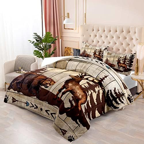 LUVIVIHOME 3PCS Brown Bear Deer Comforter Set Queen Size, Rustic Cabin Bedding Mountain Pine Tree Forest Animal Elk Wildlife Country Lodge Farmhouse Quilt Hunting Gifts for Men Hunters, 2 Pillow Shams