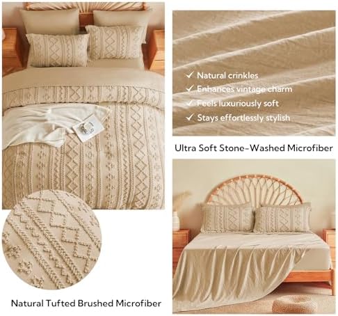 MR&HM Queen Comforter Set 7 Pieces, Fluffy Tufted Boho Beddding Set Khaki