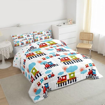 Feelyou Cartoon Train Comforter Set Full Size Cute Transports Car Bedding Set for Kids Boys Girls Retro Steam Engine Duvet Quilt Bedroom Decor Microfiber 3 Pcs with 2 Pillow Cases