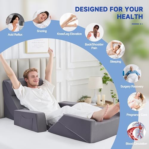 Wedge Pillow for Sleeping - High Density Foam Triangle Pillow for Elevated Sleeping, Post Surgery Support, Bed Wedge Pillow for Headboard, White Grey, 7.5" (Dark Grey, 9PCS.)