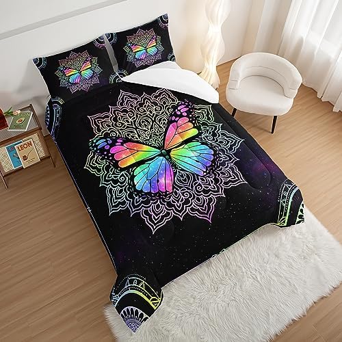 HOSIMA Butterfly Bedding for Girls,Mandala Twin Bed in a Bag - Colorful Butterfly Design,Galaxy Bedding Set for Twin Beds,Microfiber Star Comforter Twin with 2 Pillowcases,Dorm Room Essentials.