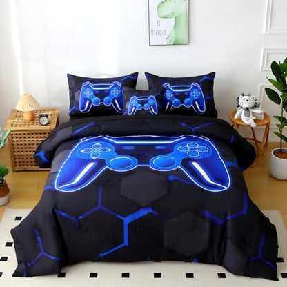 6 Pieces Boys Full Size Bedding Set Blue Gaming Comforter Set with Sheets 3D Honeycomb Gamer Bed in A Bag Game Console Printed Kids Bed Sets for Teen Boy (Black Blue, Full)