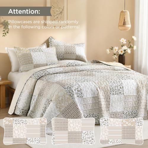 Litanika Floral Beige Quilt Queen - 3Pcs Botanical Birds Bedding Set