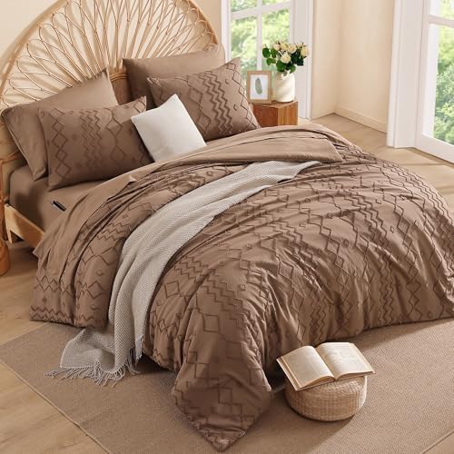 Queen Comforter Set Brown Tufted Boho Geometric Bedding Sets 7 Pieces