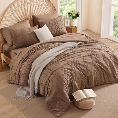 Queen Comforter Set Brown Tufted Boho Geometric Bedding Sets 7 Pieces