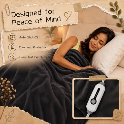 ReyyNio Electric Heated Blanket Throw Size 50"x60", 3H Auto-Off, Dark Gray