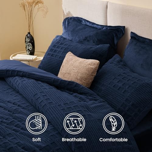 EXQ Home Waffle Comforter Set King Size, 3 Pieces Bed Set,Navy Blue