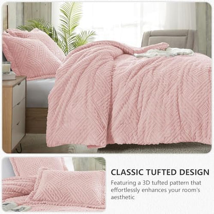 Homelike Moment Fleece King Comforter Set, Fluffy Bed Set 3 Piece Pink