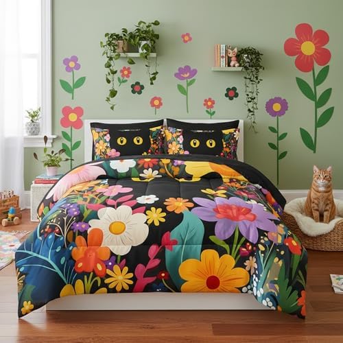 QOOMO Floral Cat 7 Pieces Comforter Set Twin Size,Floral Cat Bedding Set