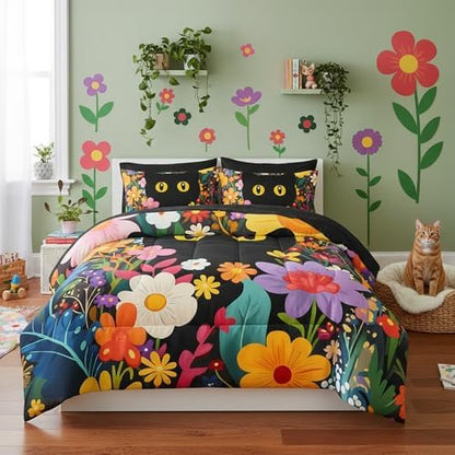 QOOMO Floral Cat 7 Pieces Comforter Set Twin Size,Floral Cat Bedding Set