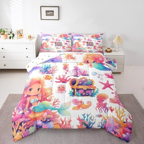 Mermaid Bedding Comforter Set Queen Size Cute Ocean Theme Comforter and 2 Pillowcases for Kids Girls Cartoon Princess Room Decor All Season Quilt Underwater World Animal Duvet Reversible,Colorful