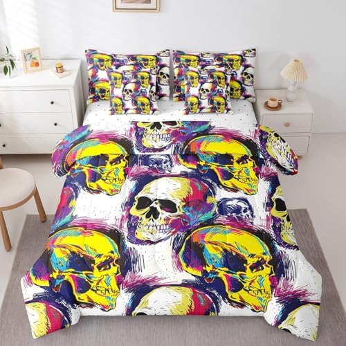 Erosebridal Sugar Skull 7 Pcs Comforter Set King Halloween Bedding Gothic Skull Skeleton Bed in A Bag Sheet Set Neon Oil Painting Quilt for Boys Men