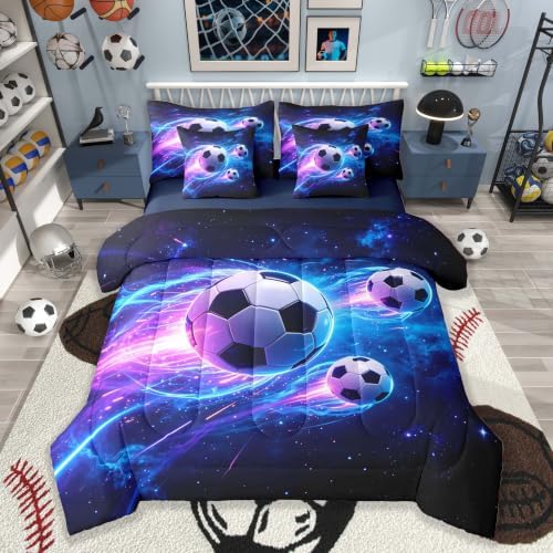 Feelyou Football Comforter Set with Sheets 7 Piece Queen Size Soccer Bedding Set for Kids Boys Girls Sports Theme Bed in a Bag Room Decor Soft Lightweight Microfiber