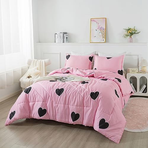 Caressma Pink Comforter Set Full Size Black Heart Set 3pcs with Pillowsham