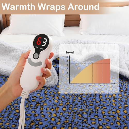 Electric Heated Blanket Full Size 72"×84" with 9 Heating Levels & 1-10Hs Auto Off, Plush Sherpa, Energy Efficient, Machine Washable, for Couch & Bed, Gifts for Grandma Leopard Print Blue & Yellow