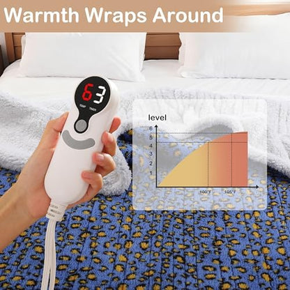 Electric Heated Blanket Full Size 72"×84" with 9 Heating Levels & 1-10Hs Auto Off, Plush Sherpa, Energy Efficient, Machine Washable, for Couch & Bed, Gifts for Grandma Leopard Print Blue & Yellow