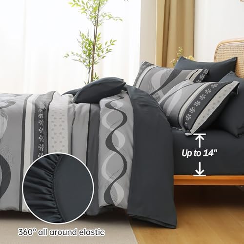 Anibedding Grey Comforter Set King Size,8 Pieces Striped Bed in a Bag