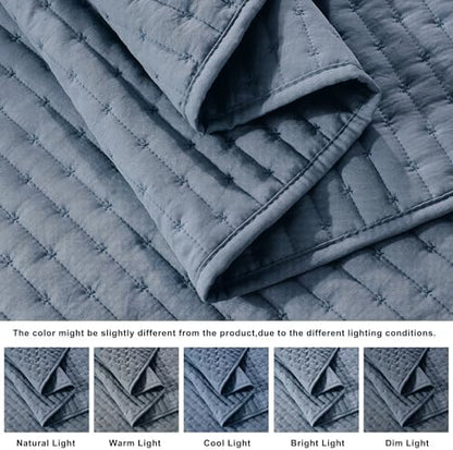 WDCOZY Blue Cross Stitch King Size Quilt Set, Striped Lightweight Soft Bedspread, Channel Farmhouse Rustic Coverlet, All Season Country Bedding, Thin Comforter