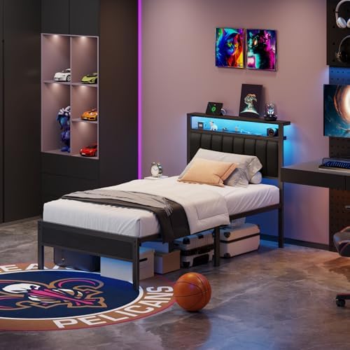 Furnulem Twin Size Bed Frame with Charging Station and LED Lights