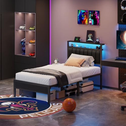 Furnulem Twin Size Bed Frame with Charging Station and LED Lights