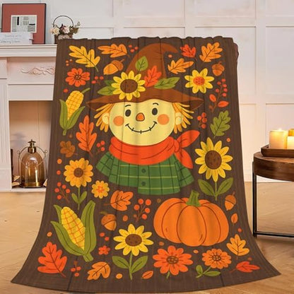 Fall Scarecrow Blanket Super Soft Warm Fluffy Fleece Flannel Farmhouse Autumn Throw Blanket Cozy Fuzzy Plush Thanksgiving Stuff Bedding Blankets Gifts for Women Kids Boys Girls Adults 60"X50"