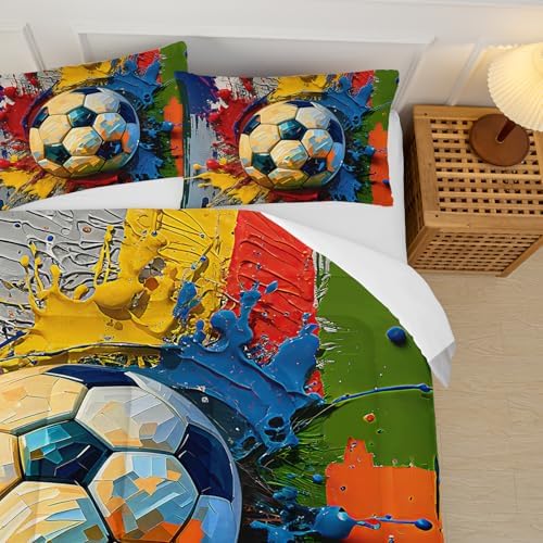 Queen Size Boys Comforter Set Soccer，Queen Size Kids Bedding Set Sports，with 1 Comforter with 2 Pillow Case